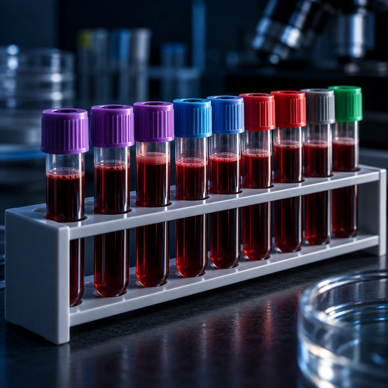 Rack of capped blood sample tubes