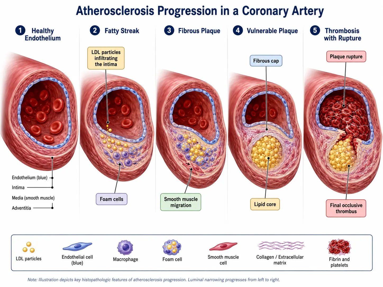 Atherosclerosis plaque progression: 5 stages from healthy artery to ruptured plaque