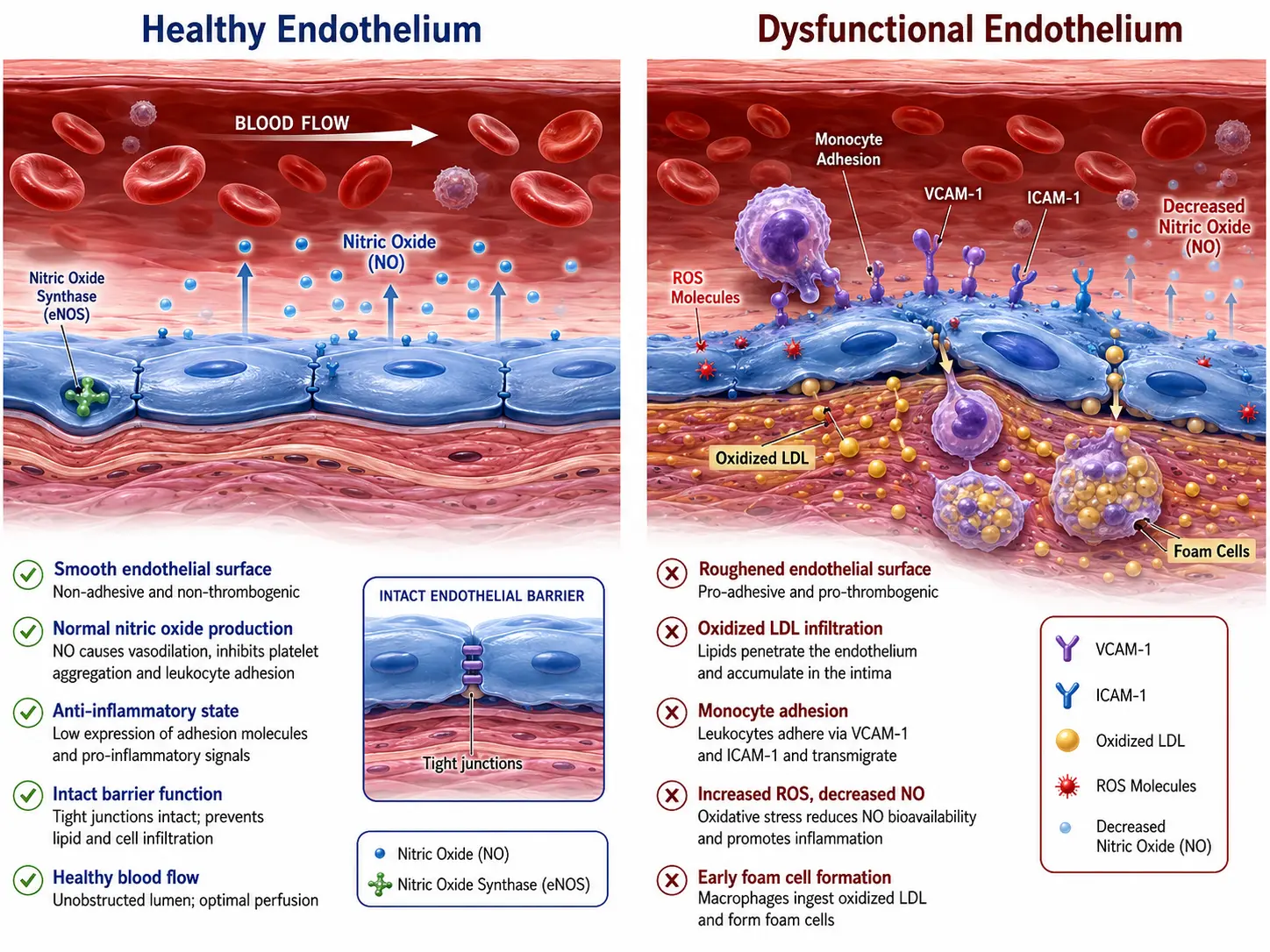 Endothelial dysfunction mechanism: oxidized LDL, foam cells, ROS