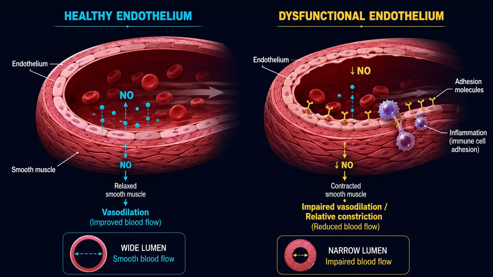 Endothelium function: healthy NO production vs dysfunctional adhesion molecules