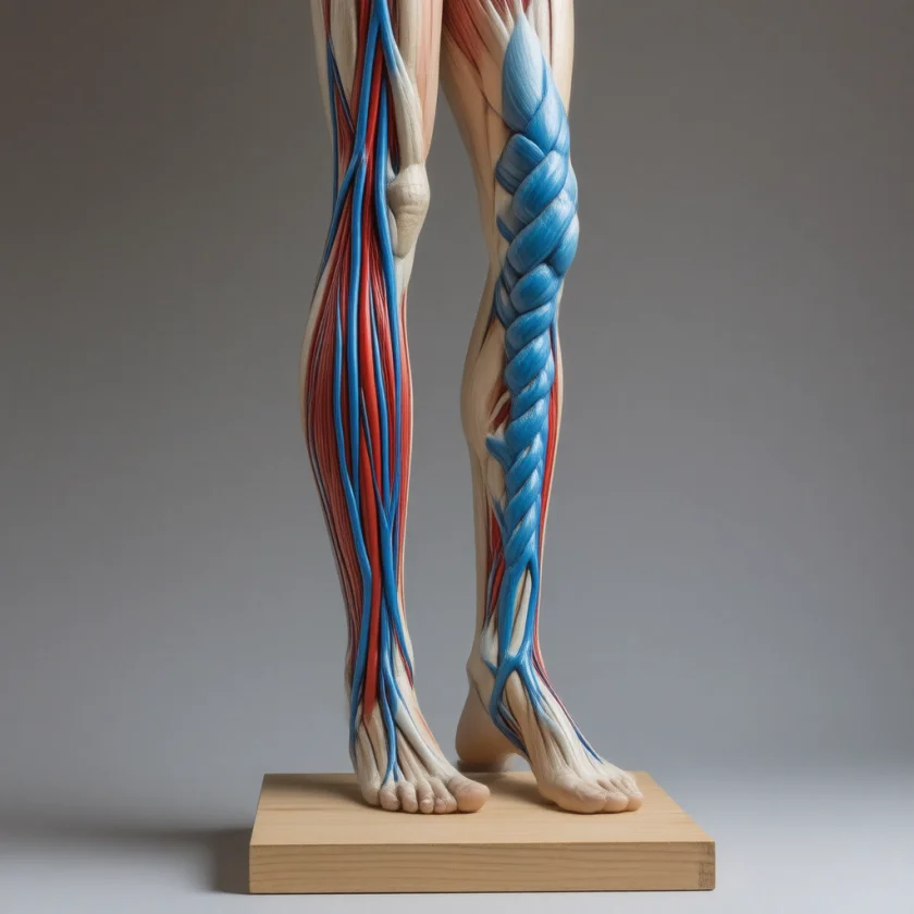 Swollen, twisted surface veins of the calf, shown on a model