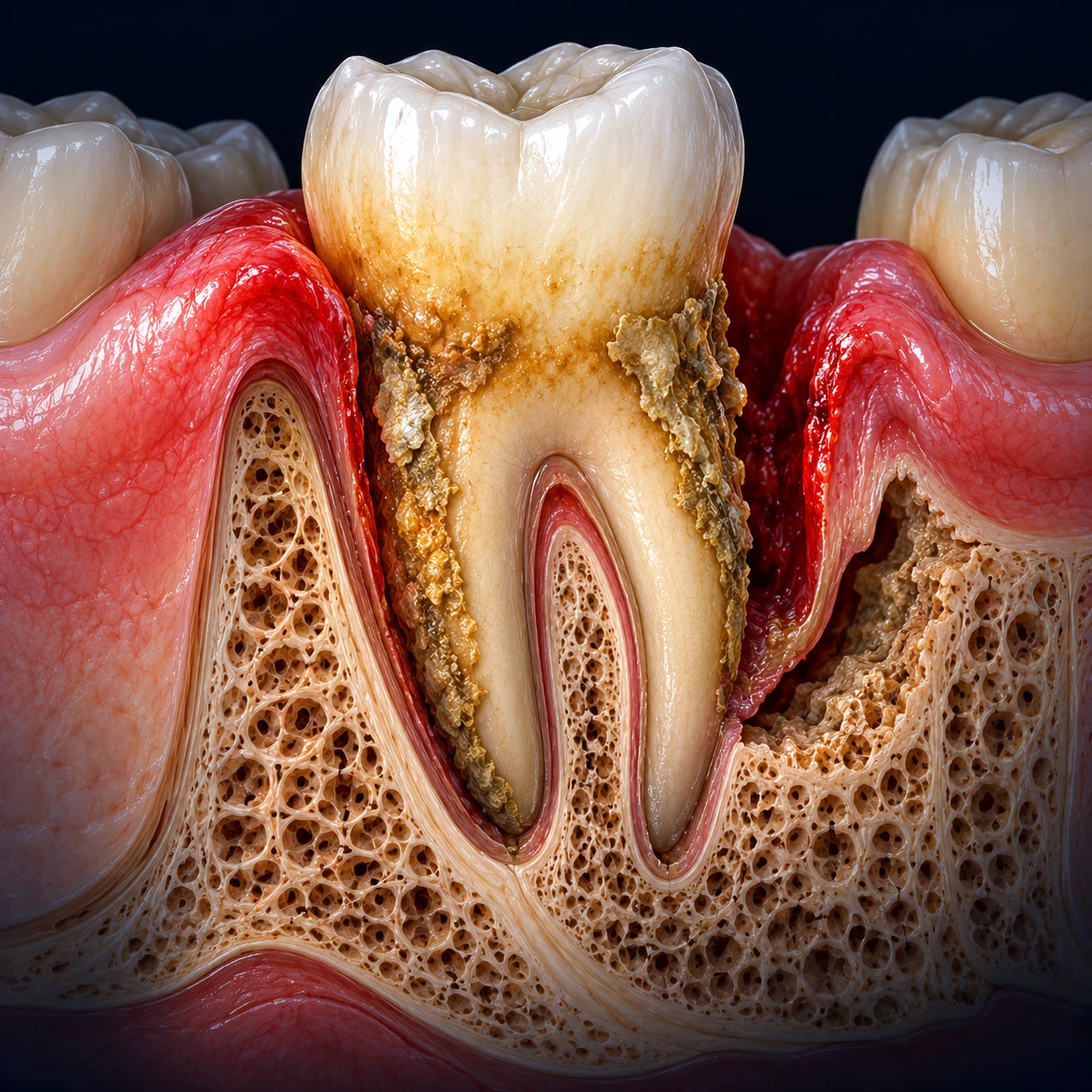 Tooth cross-section with gum pocket and bone loss