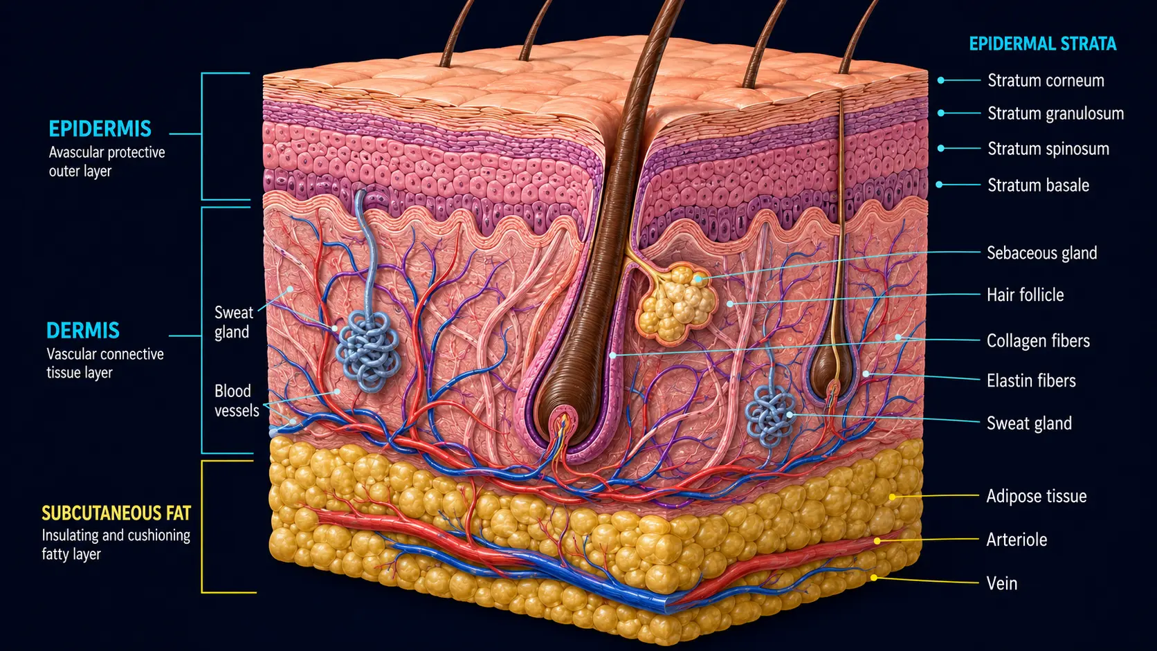 Skin layers cross-section: epidermis, dermis, subcutaneous fat