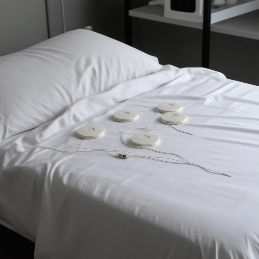 A sleep study bed set up for an overnight test