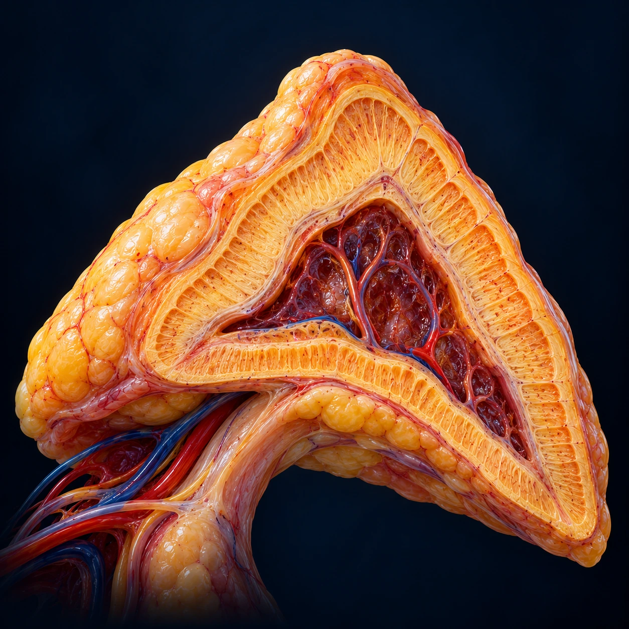 Cut-away adrenal gland showing cortex and medulla