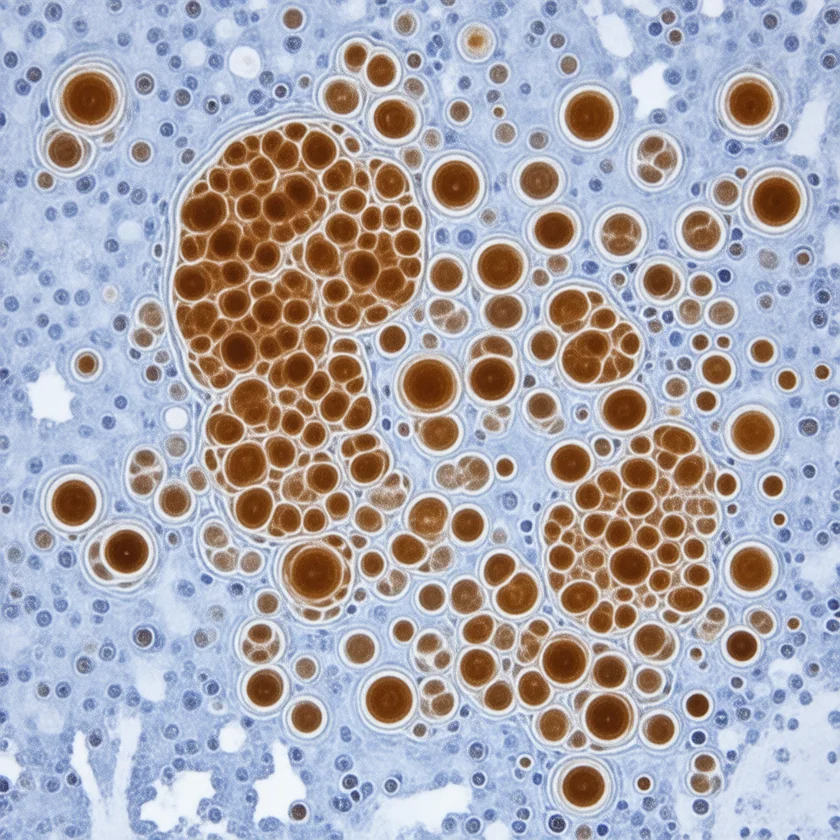 A chromogranin stain marking the tumor cells brown