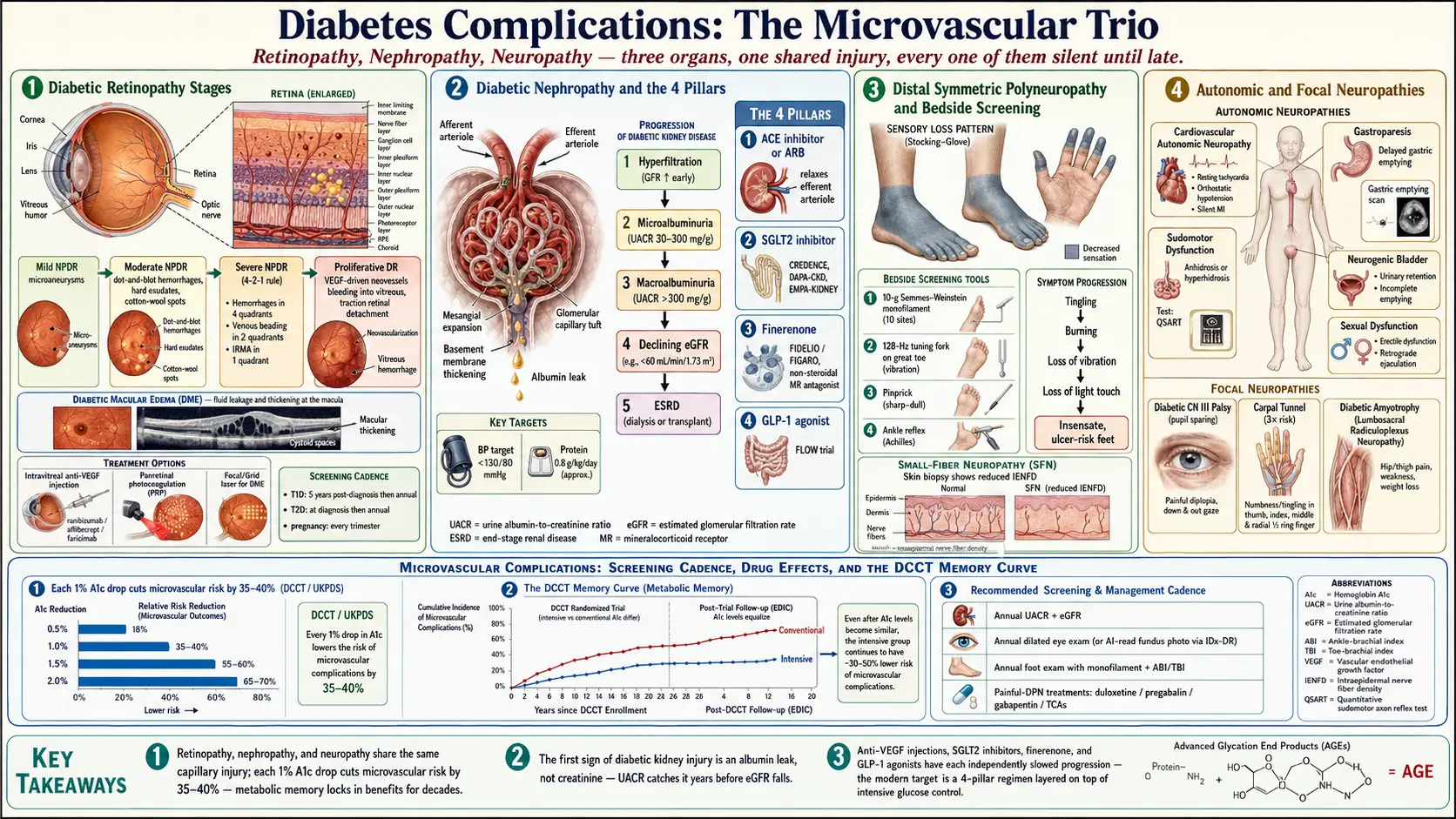 Diabetic complications: retinopathy, nephropathy, neuropathy — scientific infographic poster