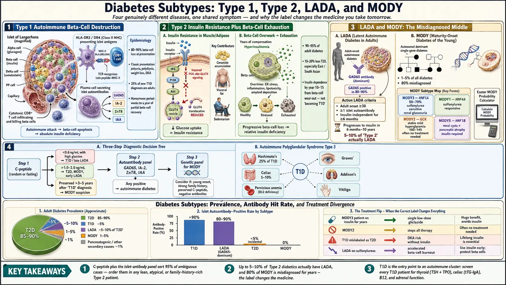 Type 1 vs Type 2 vs LADA / MODY diabetes — scientific infographic poster