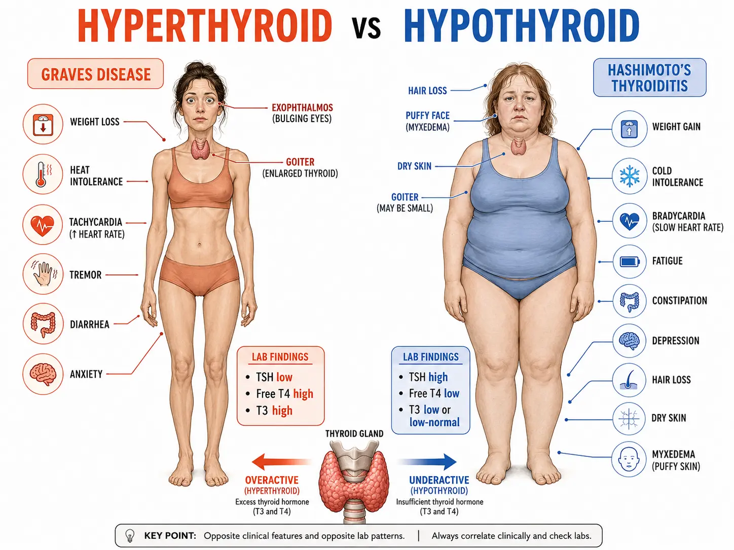 Hyper vs hypothyroidism symptoms