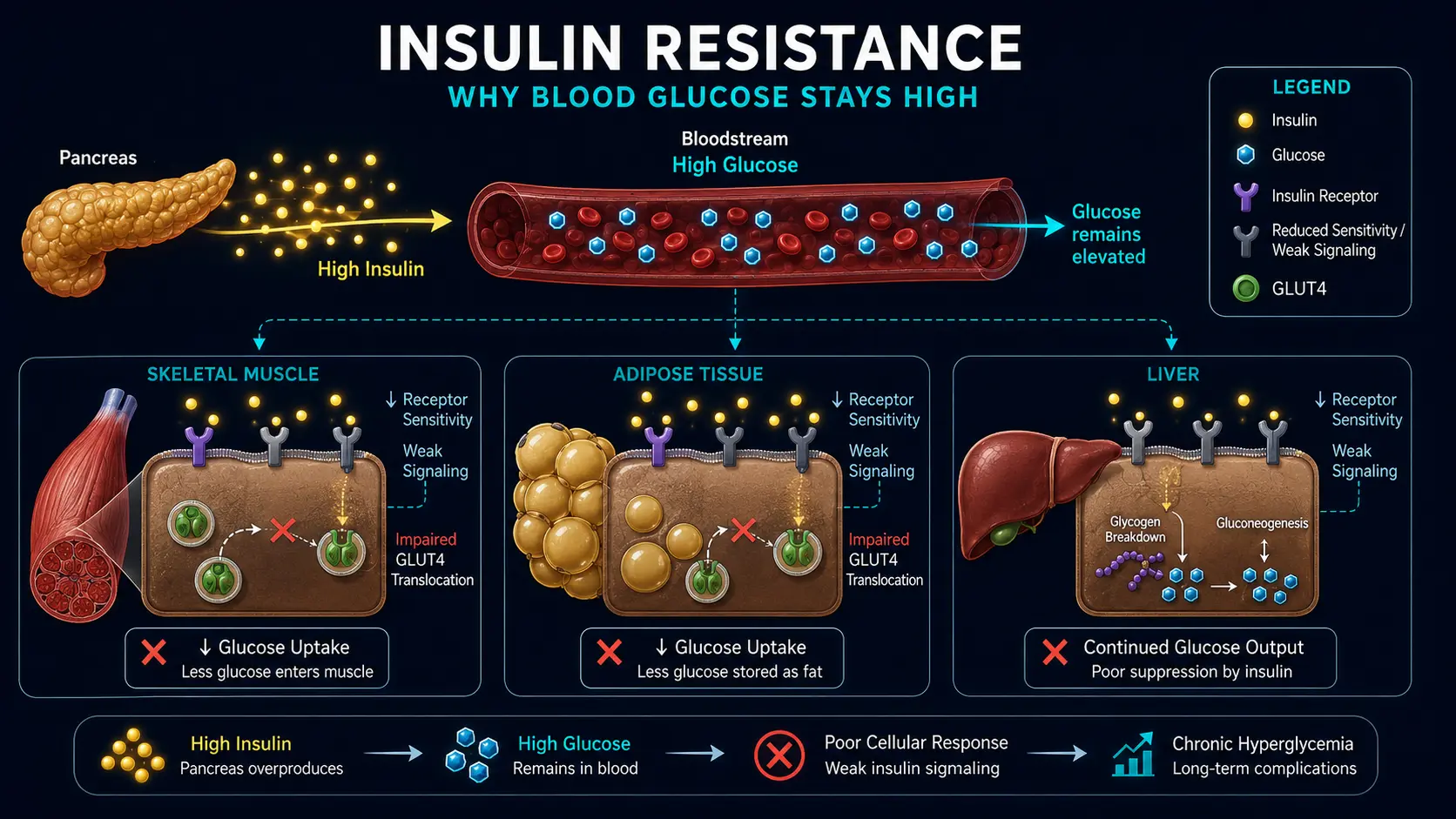 Insulin resistance mechanism: pancreas, target cells, GLUT4