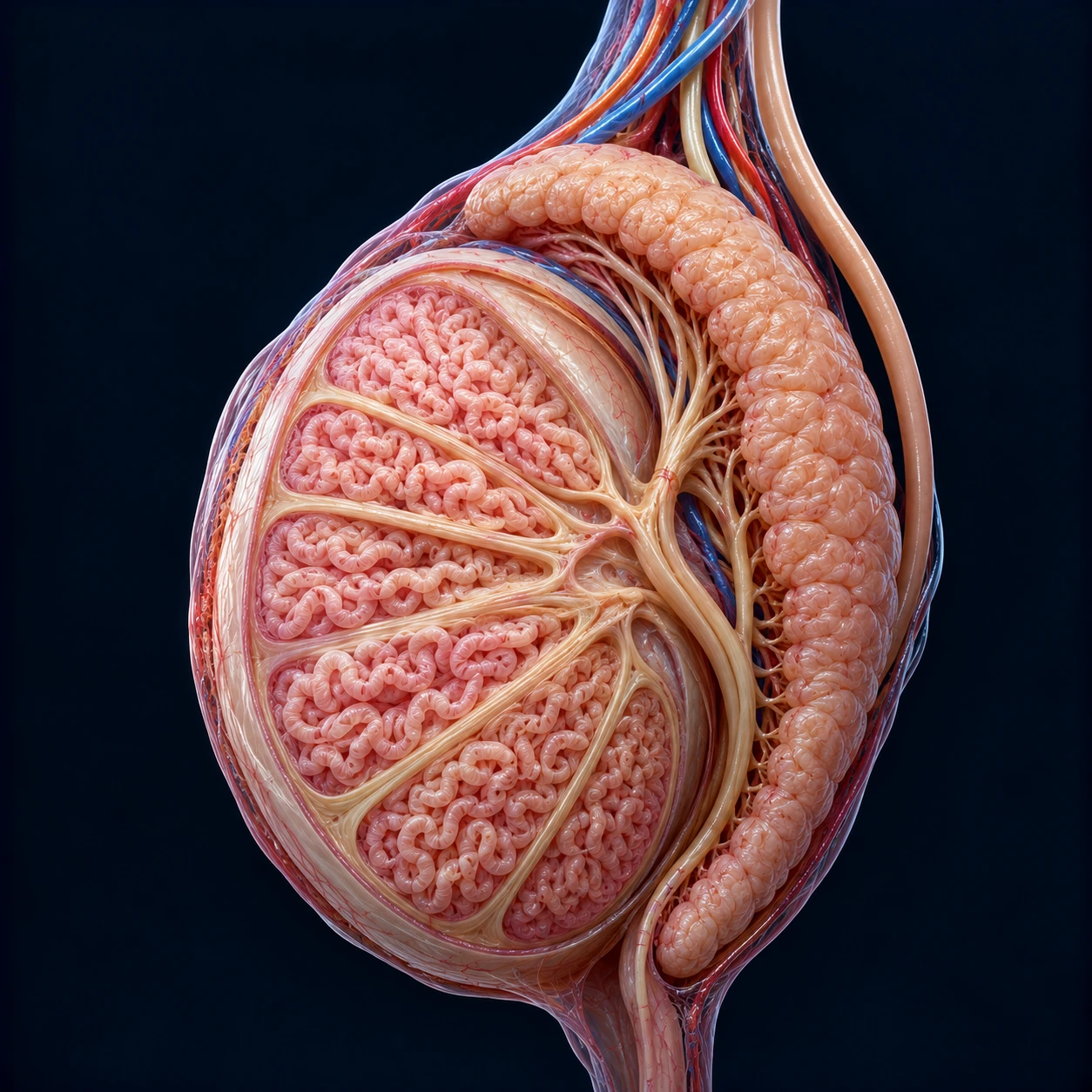 Medical illustration of a cut-away testis with seminiferous tubules