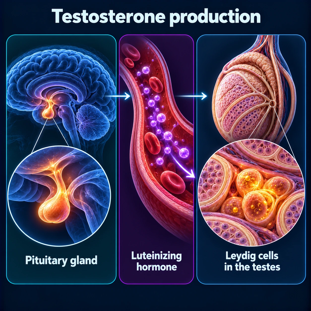 Infographic: pituitary gland, luteinizing hormone and Leydig cells in the testes