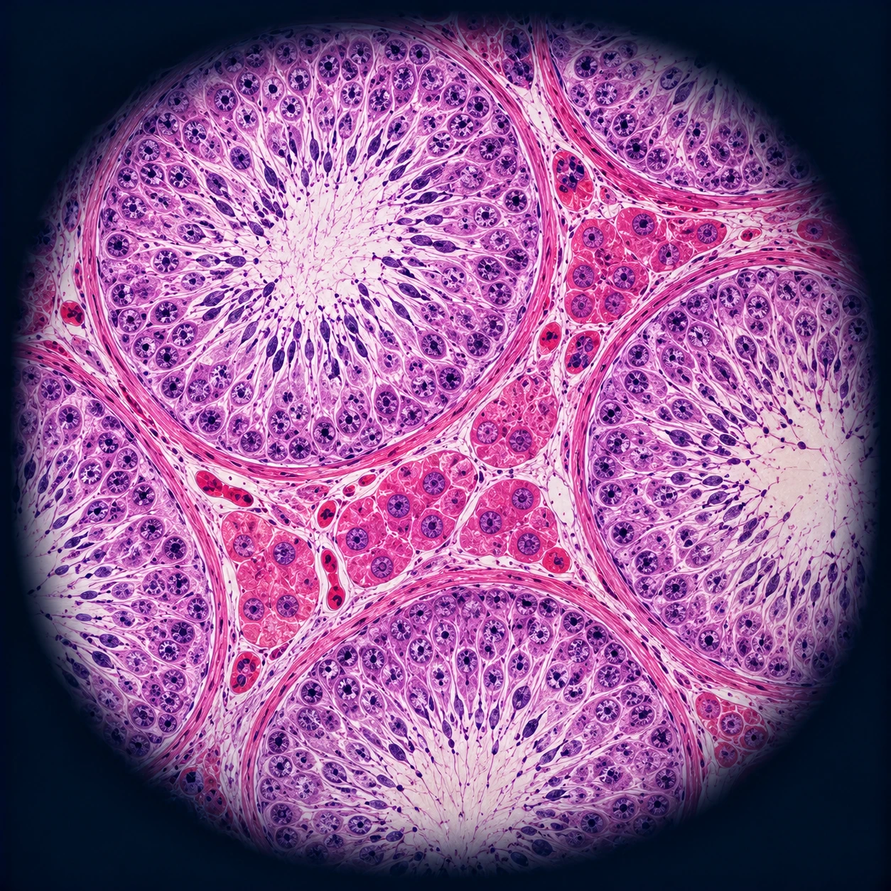 Microscope view of seminiferous tubules and the cells between them