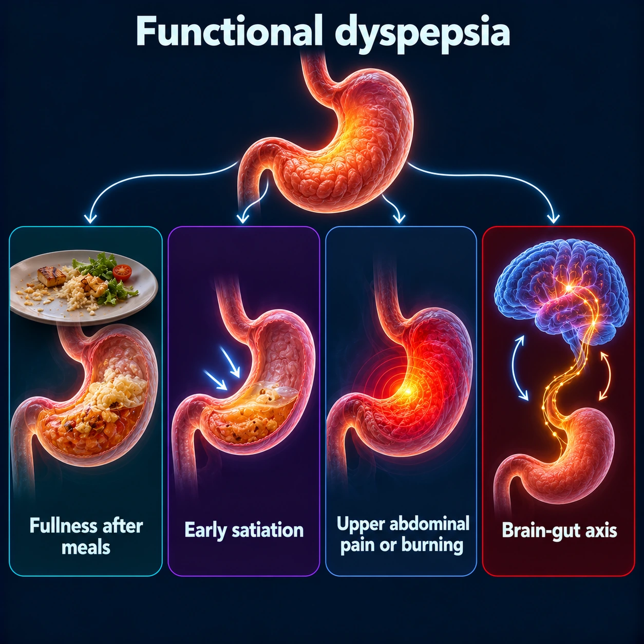 Infographic: fullness after meals, early satiation, upper abdominal pain or burning, brain-gut axis