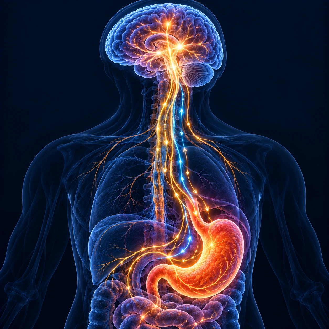 Glowing nerve pathways linking the brain and the stomach