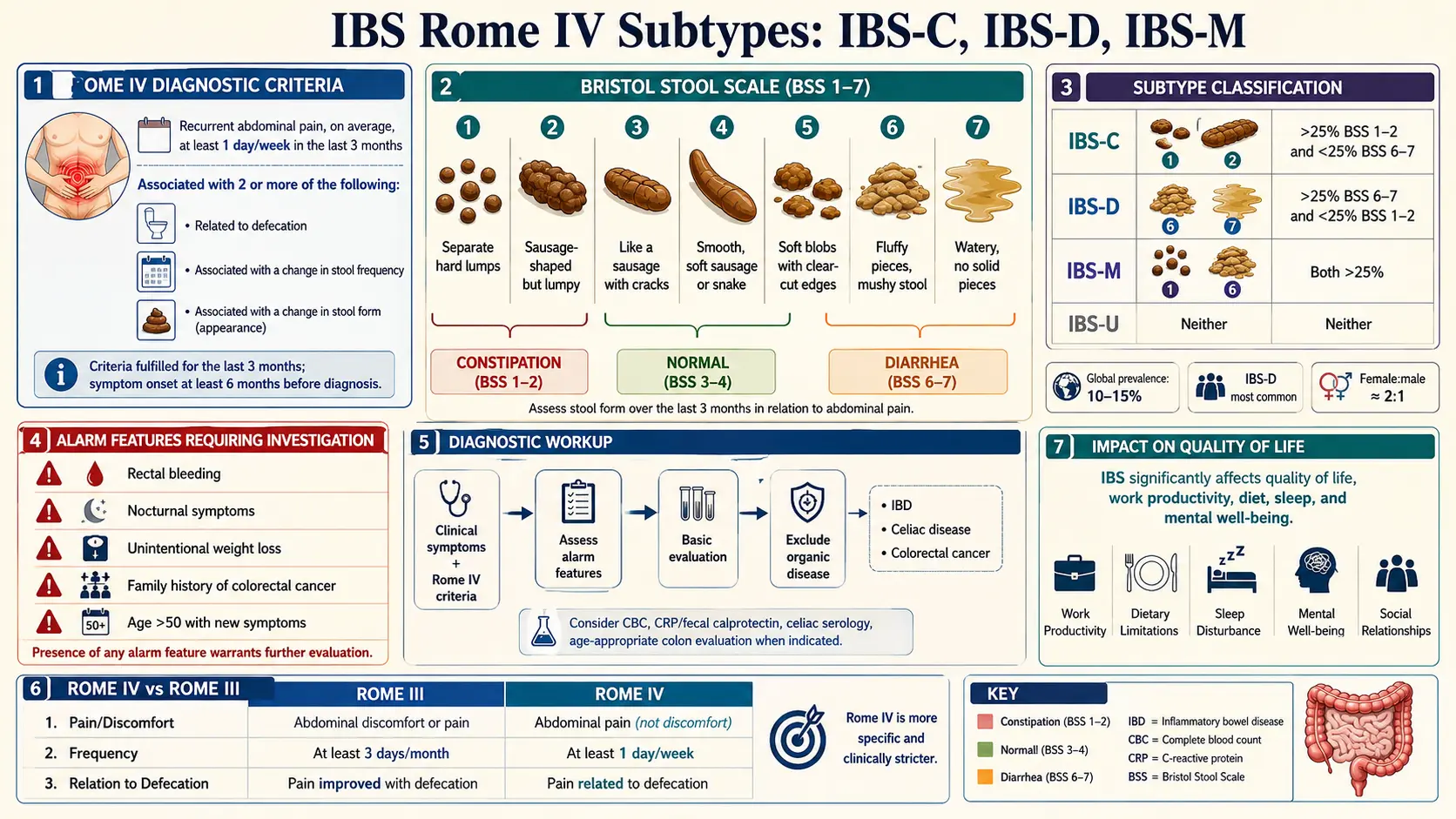 Rome IV Subtypes IBS C D M — scientific infographic poster