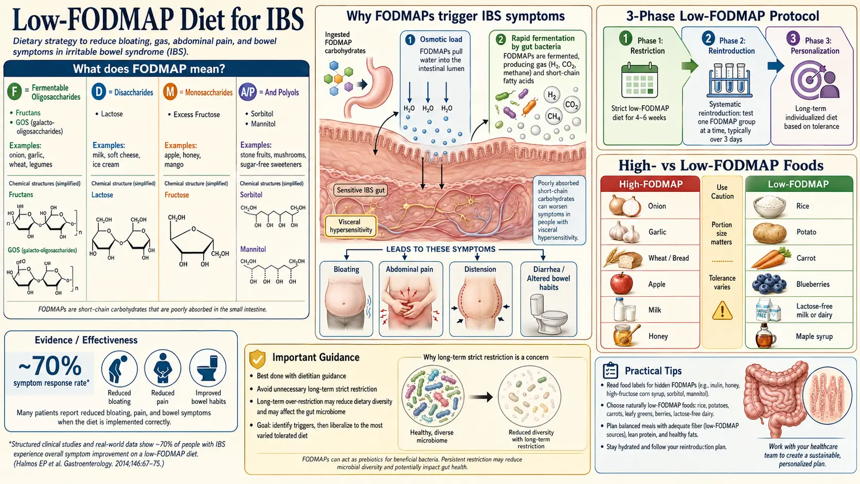 Low FODMAP Diet for irritable bowel syndrome — scientific infographic poster
