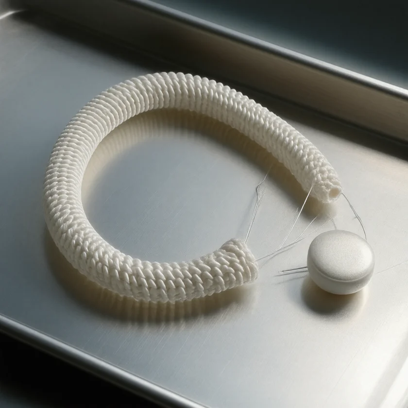 A fabric aortic graft with a valve, used in aortic root surgery