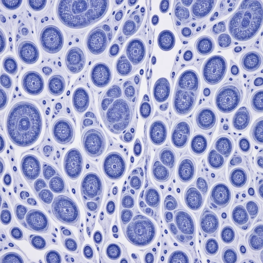 Healthy nerve fibres with thick myelin rings