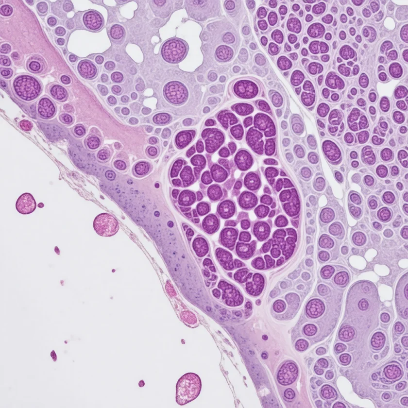 Stored glycogen stained magenta in Pompe muscle