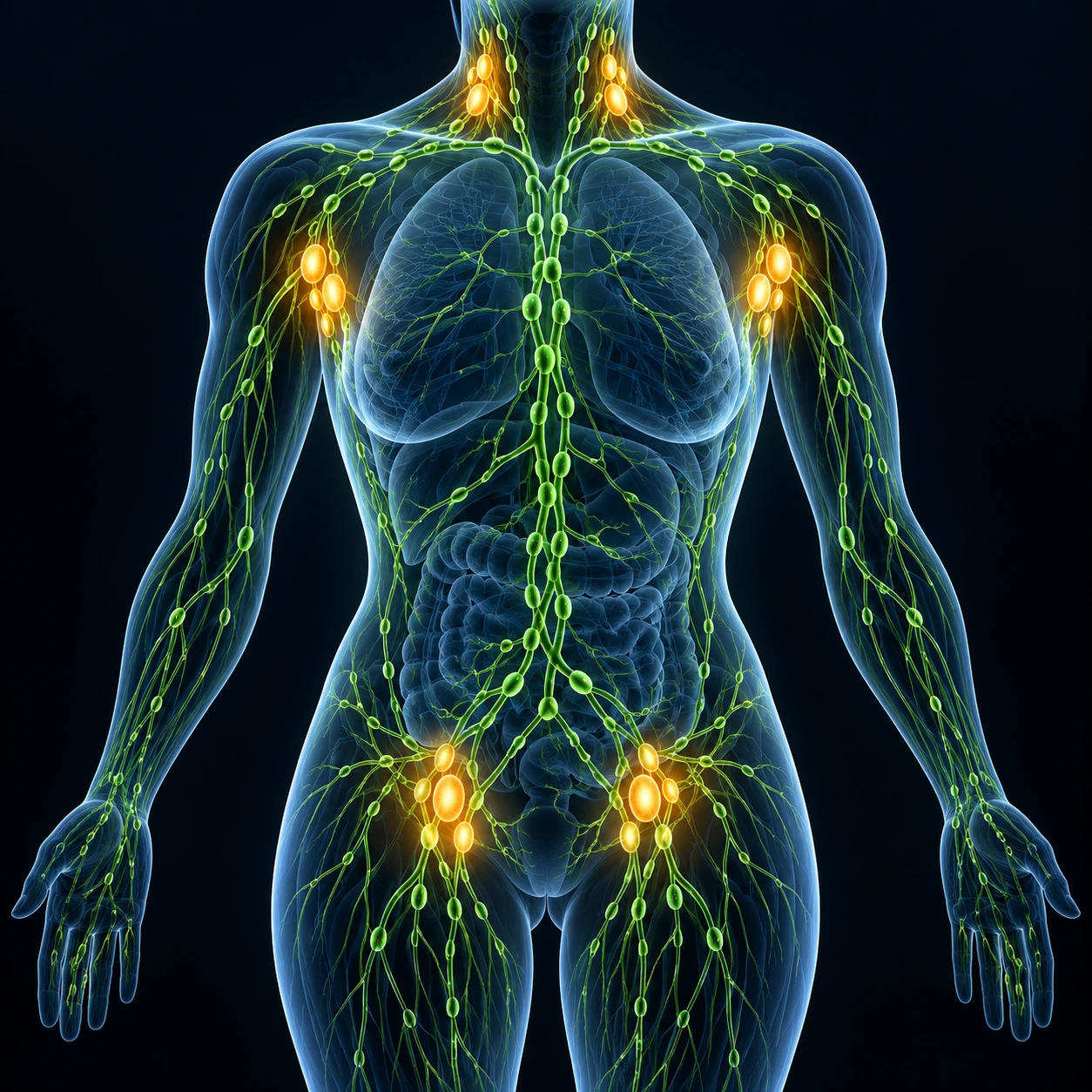 Body outline with lymphatic system and enlarged lymph nodes