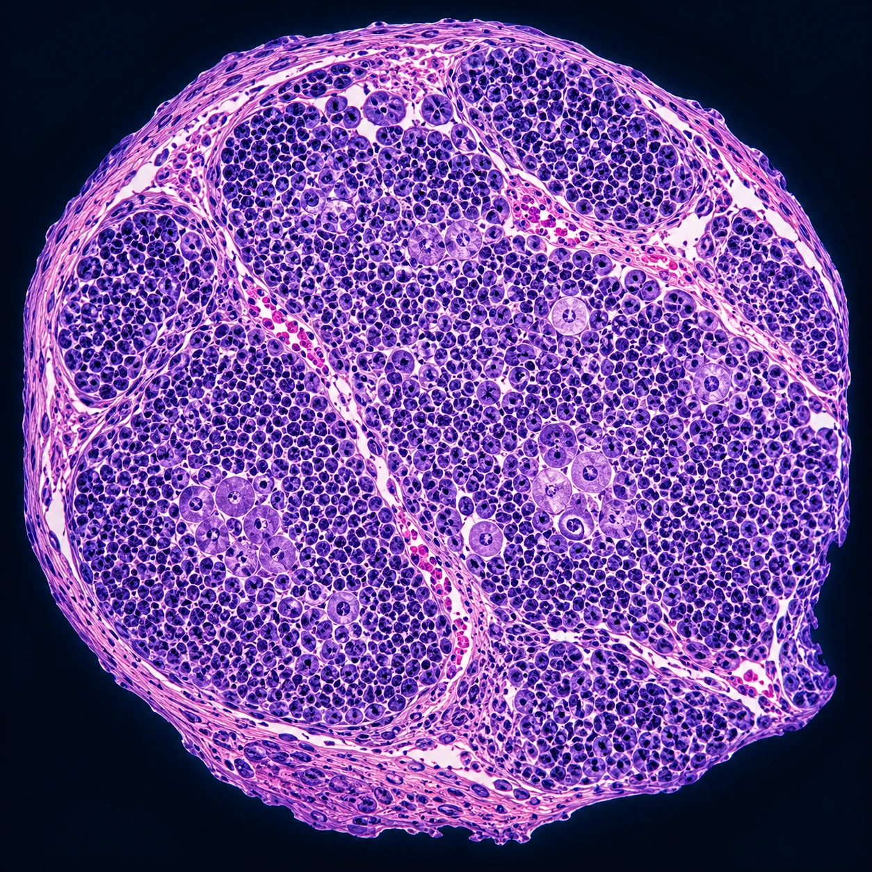 Microscope view of lymph node tissue crowded with lymphocytes