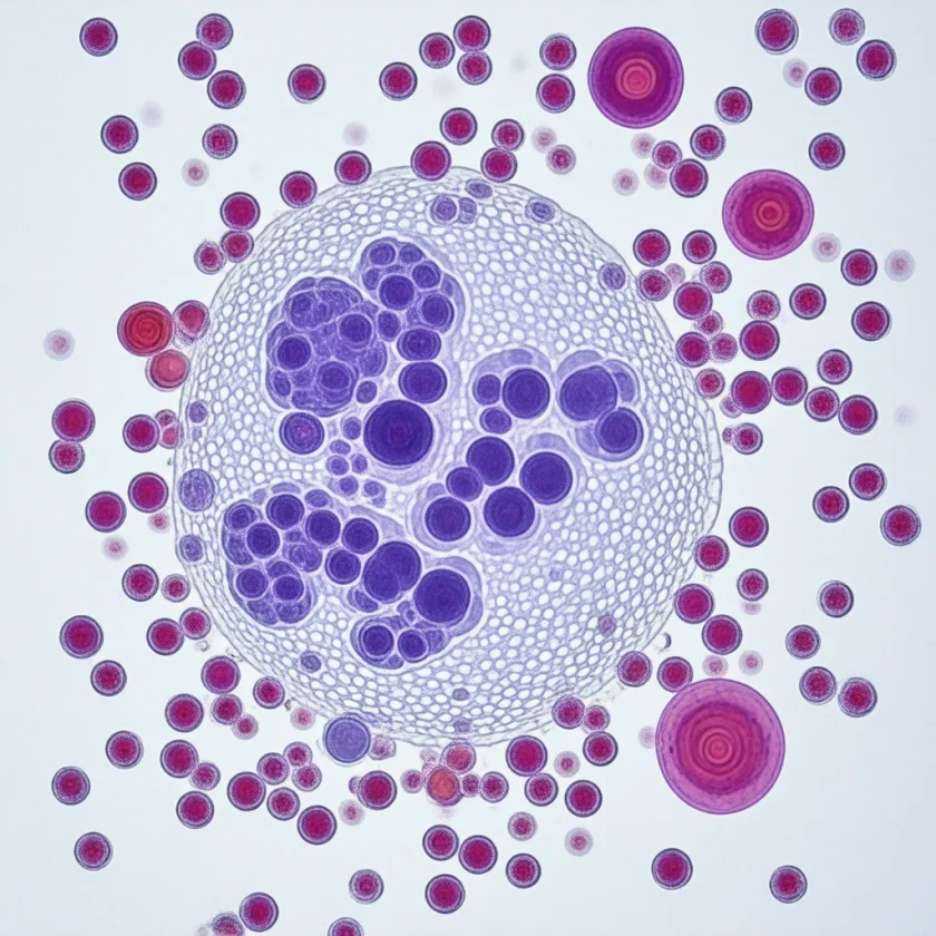 A morula: Ehrlichia packed inside a white blood cell