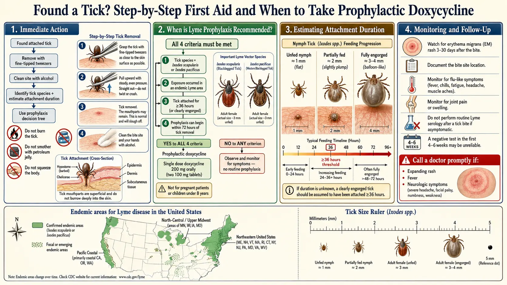 Tick Bite First Aid and Prophylaxis — scientific infographic poster