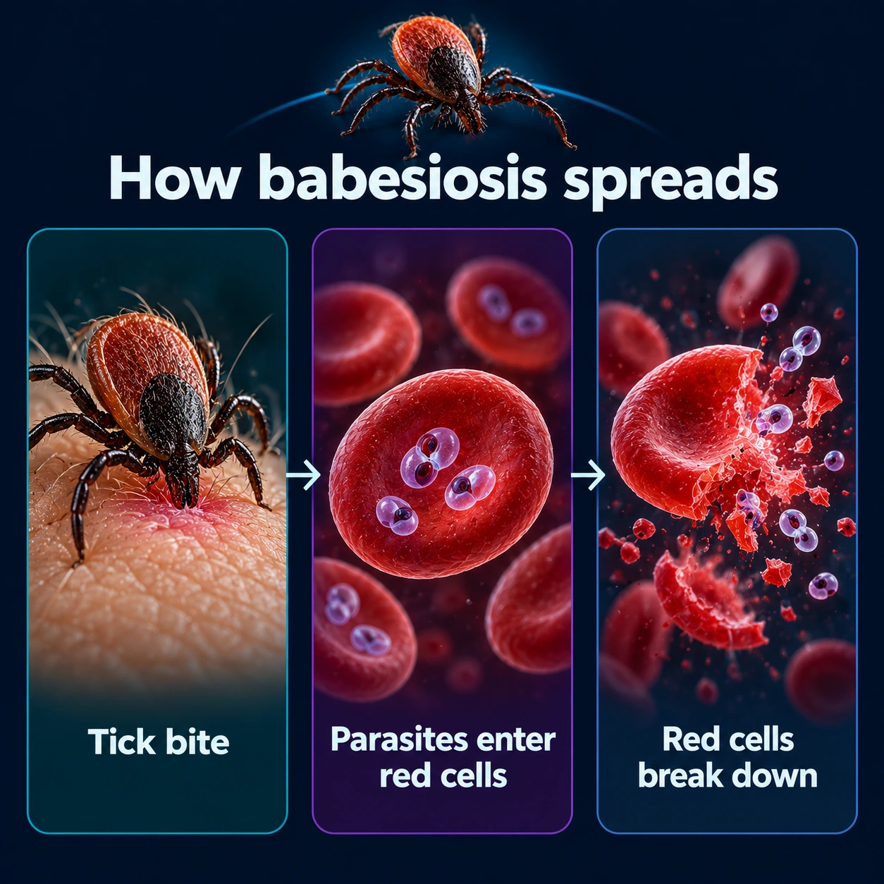 Infographic: tick bite, parasites enter red cells, red cells break down