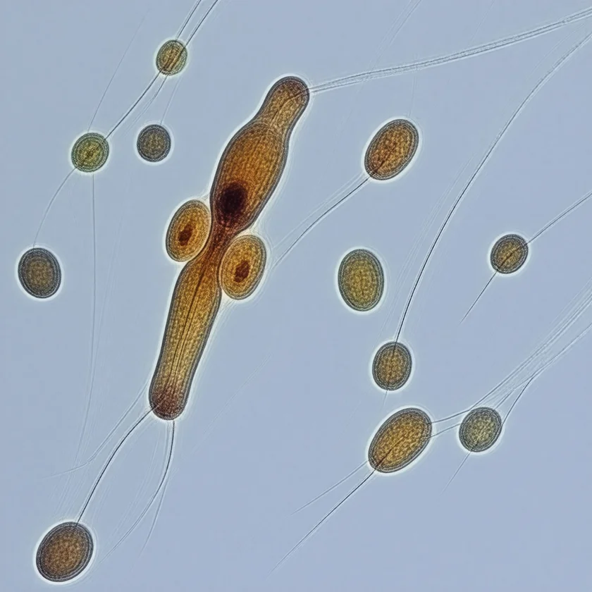 Giardia trophozoites, each with two nuclei