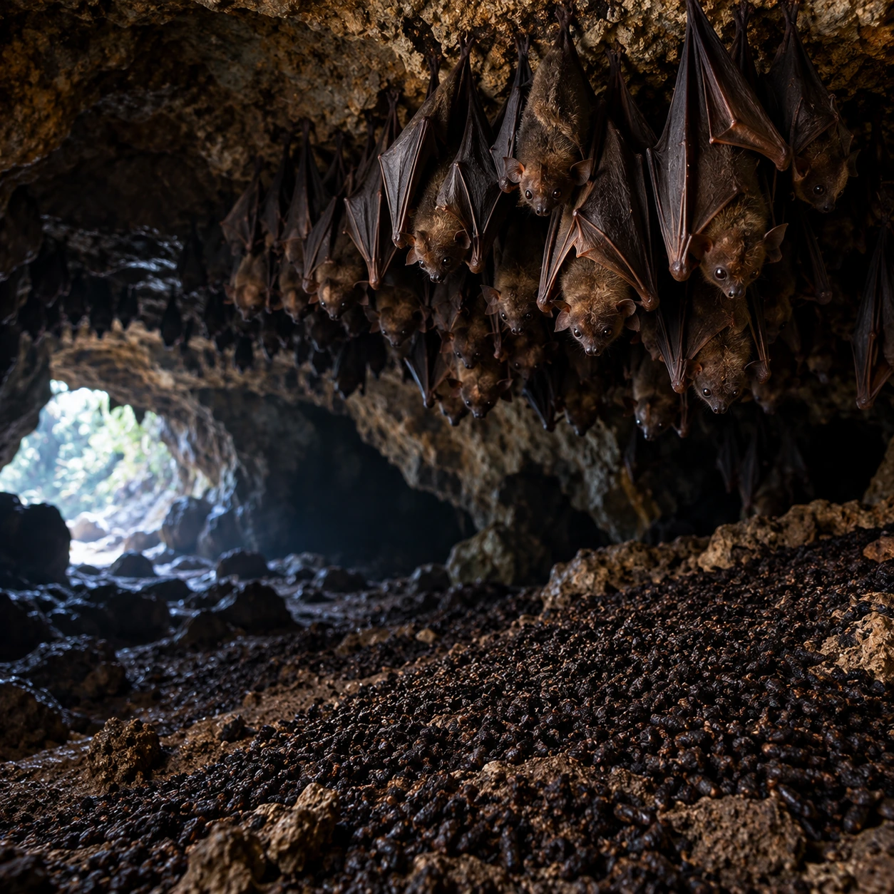 Bats hanging in a dark cave above the soil floor