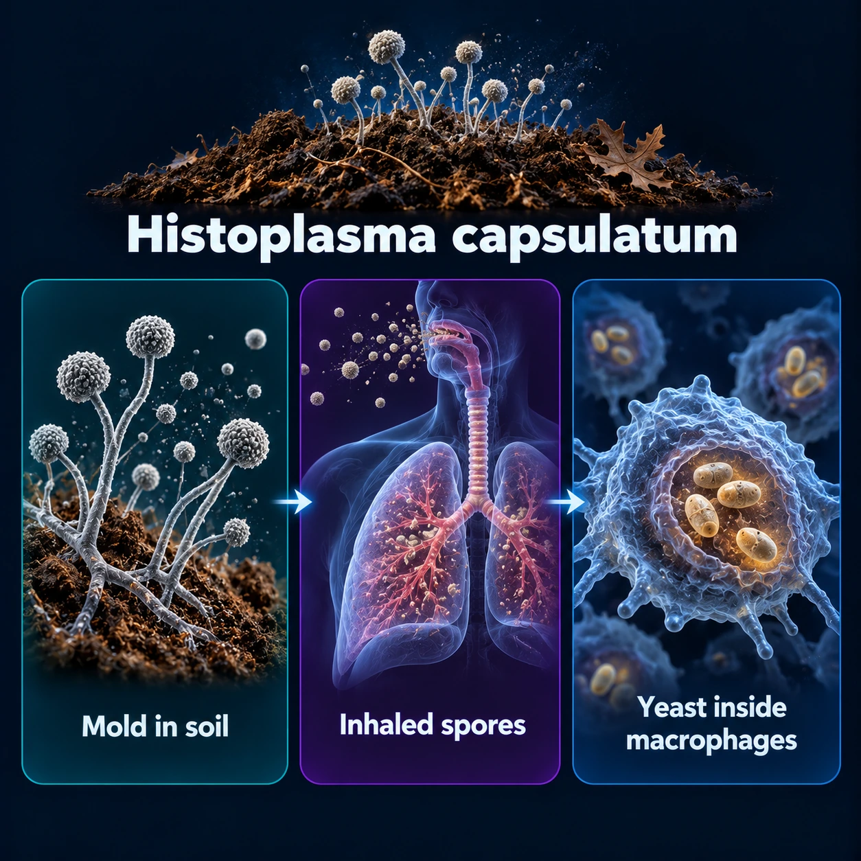 Infographic: mold in soil, inhaled spores, yeast inside macrophages
