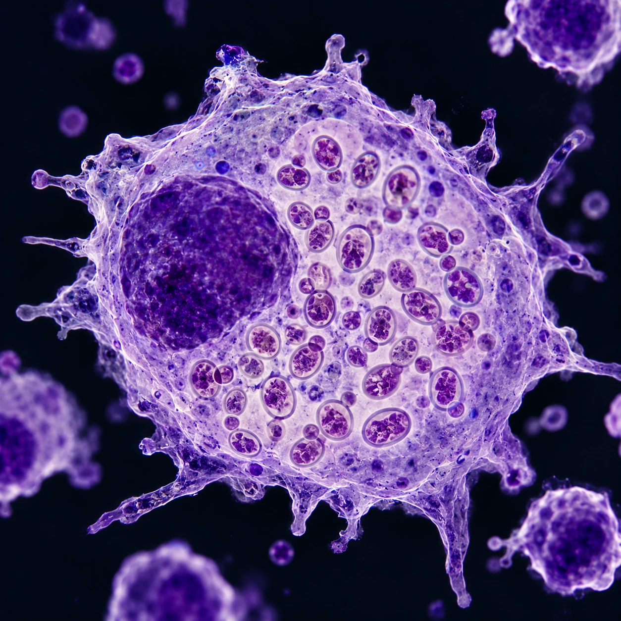 Macrophage packed with small oval yeast cells