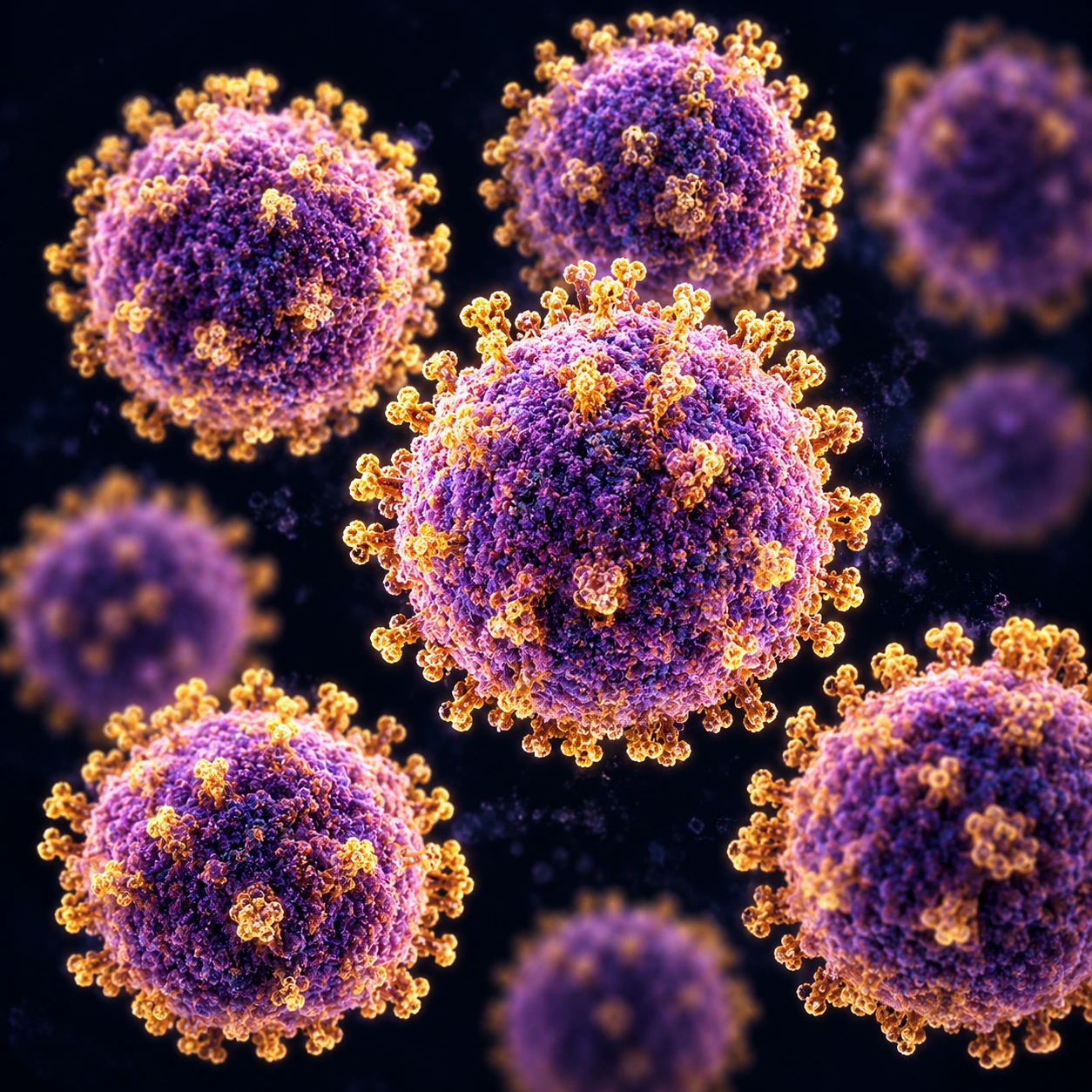 Micrograph-style view of rubella virus particles