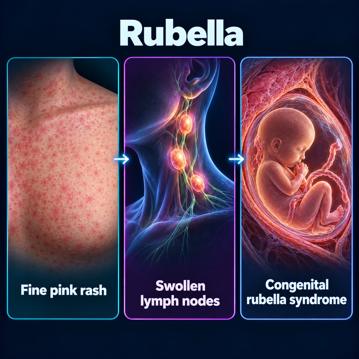 Infographic: rubella rash, swollen lymph nodes and congenital rubella syndrome