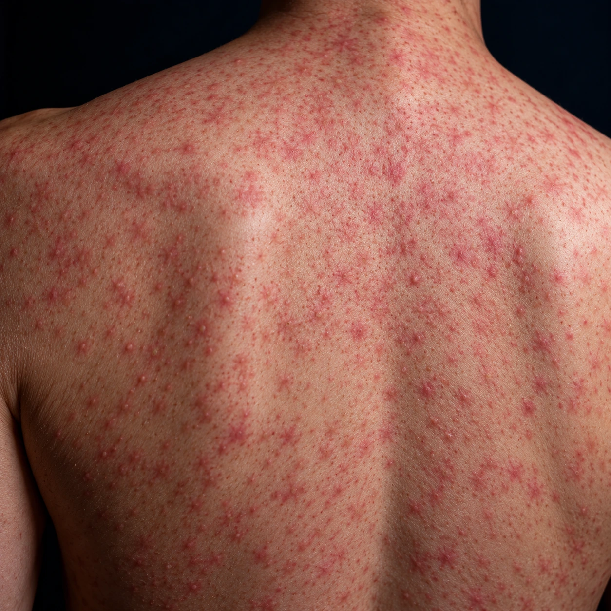 Close-up of a fine pink rubella rash on the skin of a back