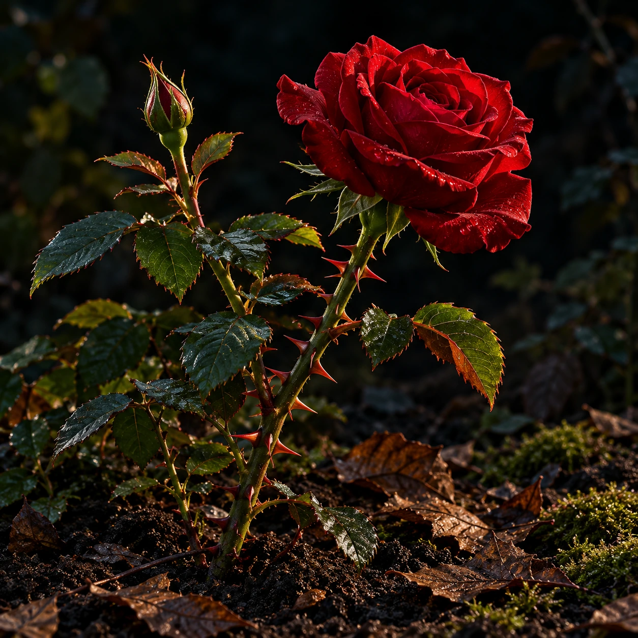 Rose stem with thorns growing from dark garden soil