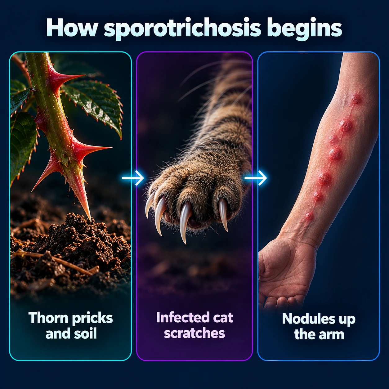 Infographic: thorn pricks, cat scratches and nodules spreading up the arm
