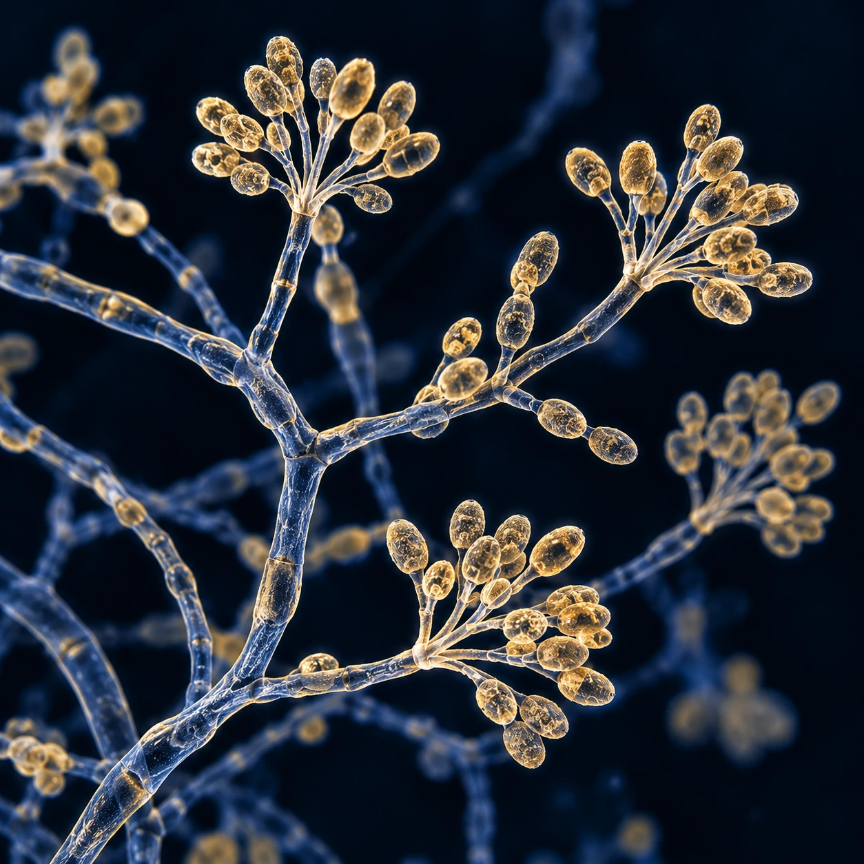 Micrograph-style view of Sporothrix hyphae with flower-like spore clusters