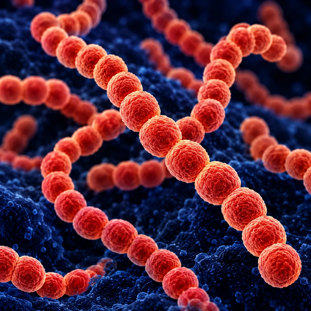 Micrograph-style view of chains of streptococcus bacteria