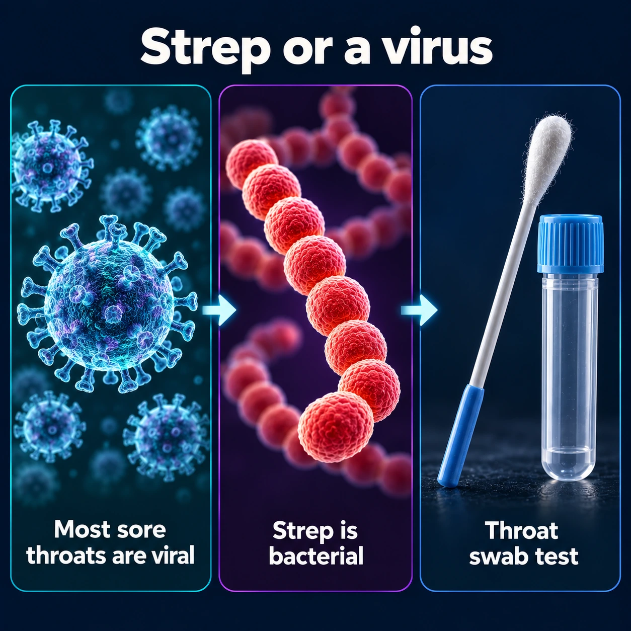Infographic: most sore throats are viral, strep is bacterial, a throat swab test tells them apart