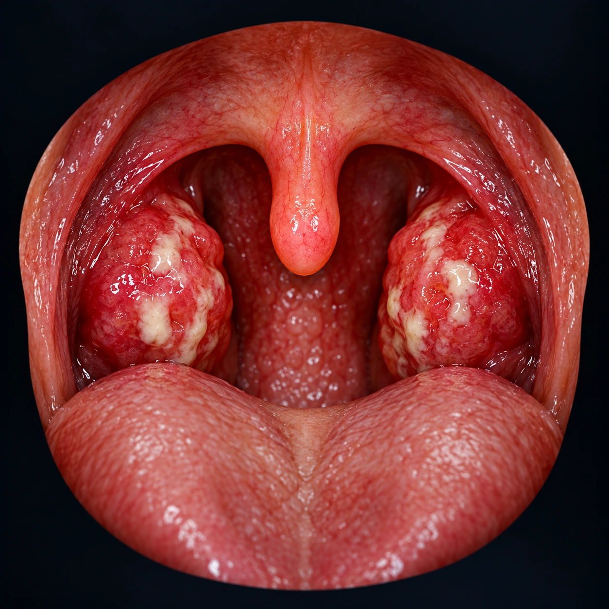 Teaching-model illustration of swollen red tonsils with white patches