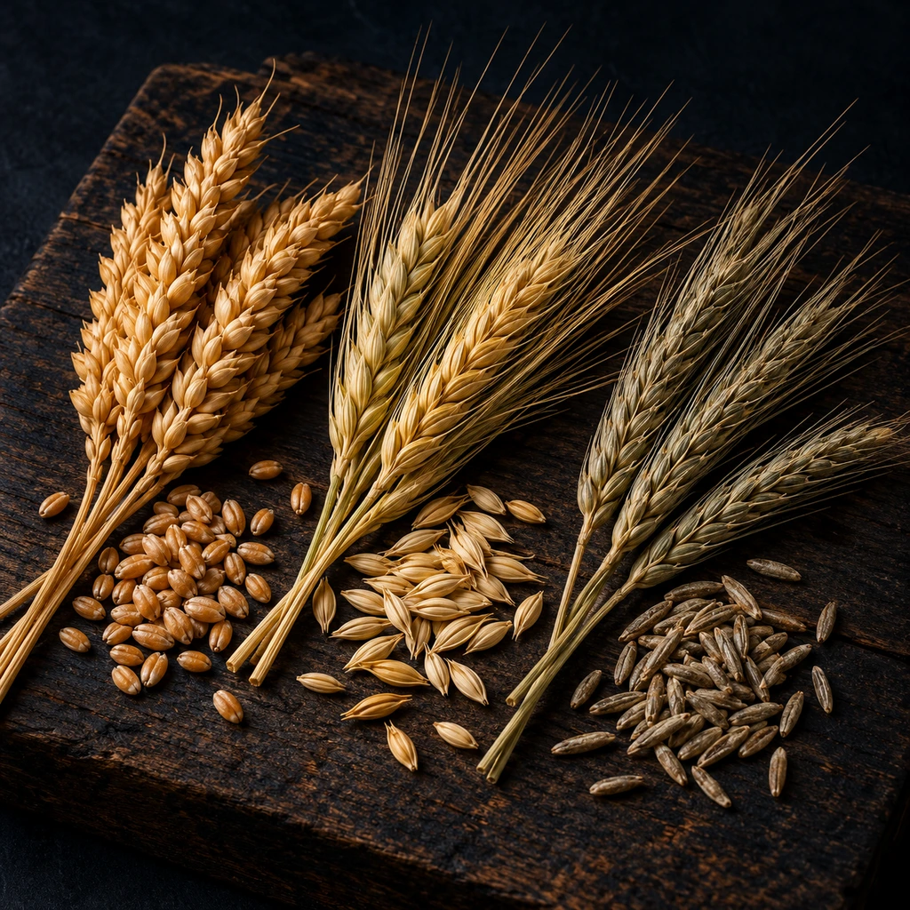 Ears of wheat, barley and rye on a dark board