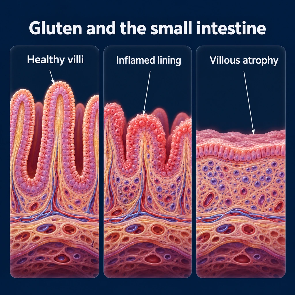 Infographic: healthy villi, inflamed lining, flattened villi