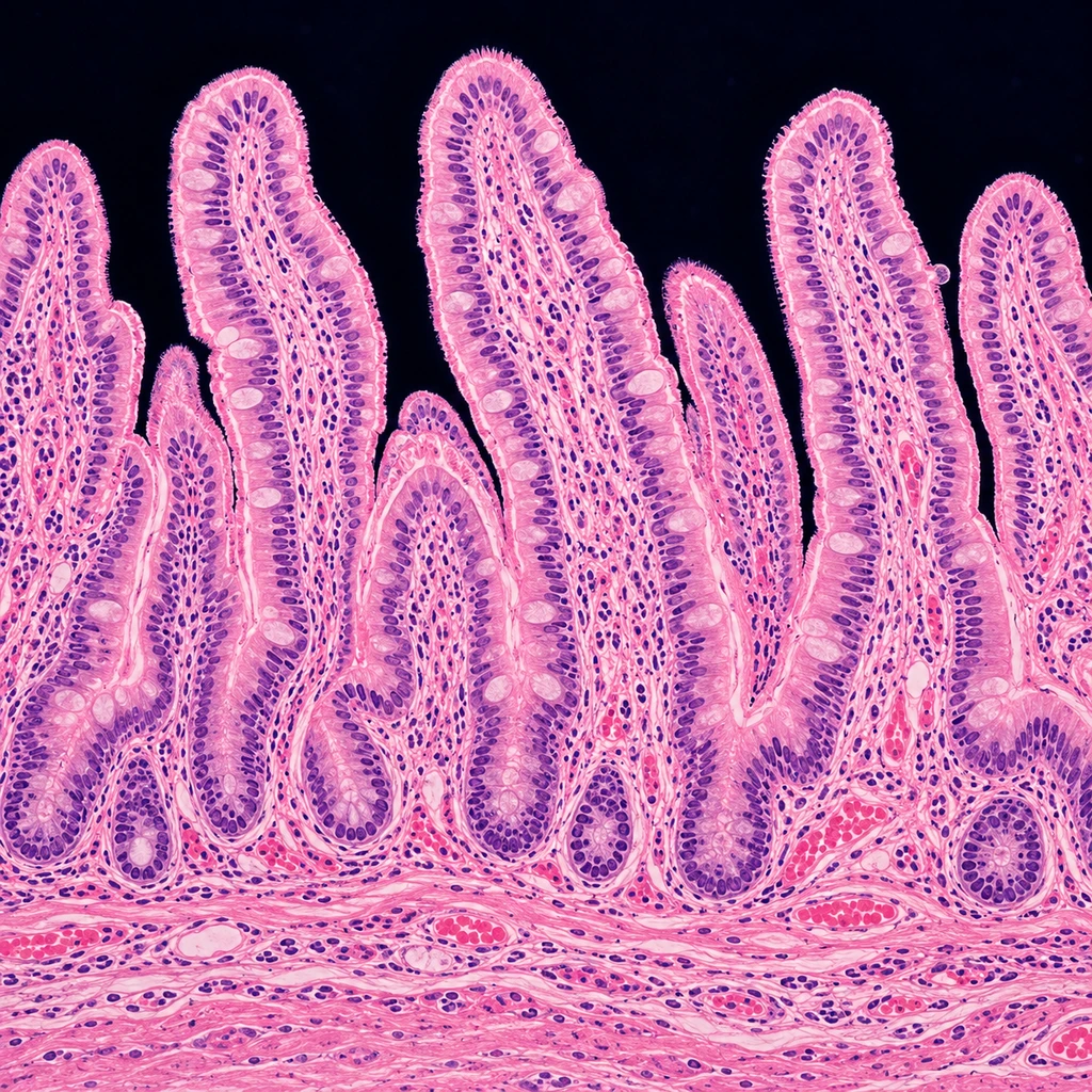 Microscope view of tall finger-like intestinal villi