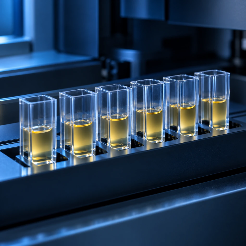 Plasma samples in cuvettes on an analyzer tray