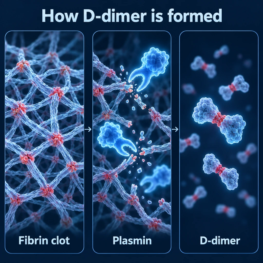 Infographic: plasmin breaks a fibrin clot into D-dimer fragments