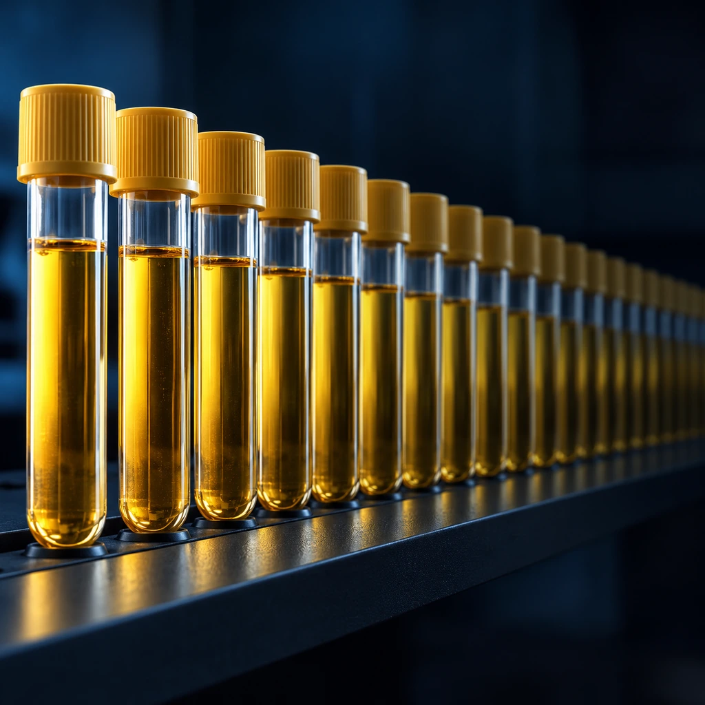 Row of identical serum tubes lined up along a dark shelf