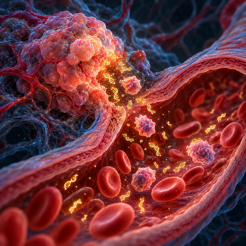 Tumor shedding DNA fragments and cells into a blood vessel