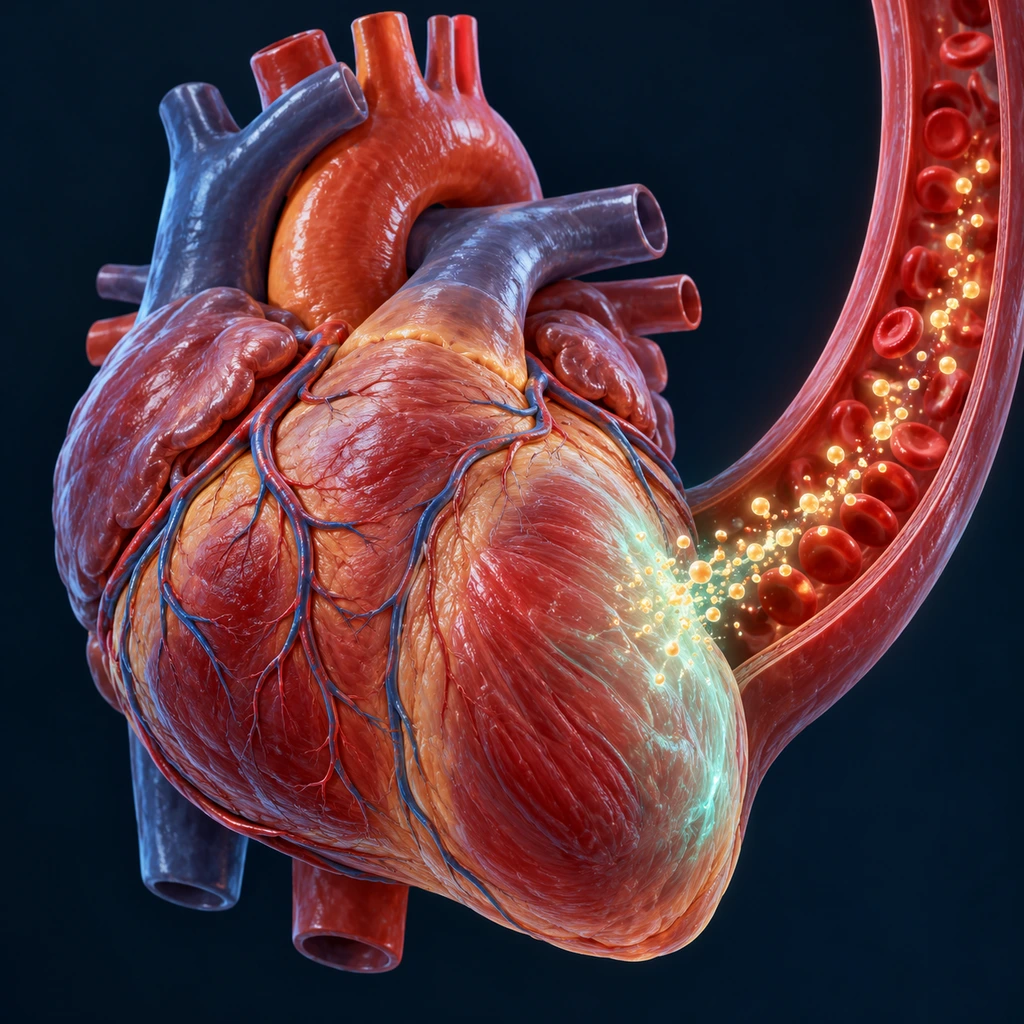 Heart with stretched ventricle releasing glowing particles into blood
